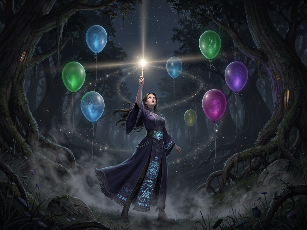 Magierin im Wald mit Luftballons
